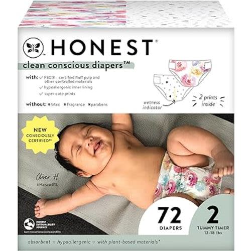 The Honest Company Clean Conscious Diapers | Plant-Based, Sustainable | Young at Heart + Rose Blossom | Club Box, Size 2 (12-18 lbs), 72 Count