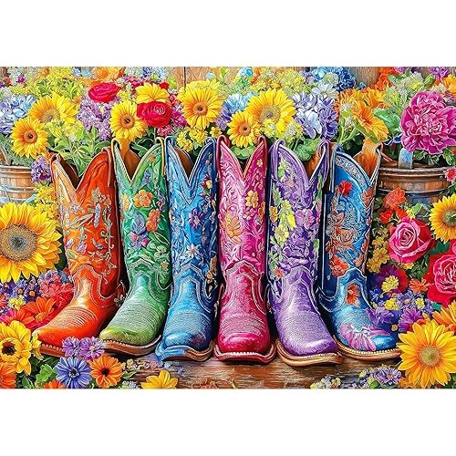 Beautiful Boots and Flowers Puzzles for Adults 1000 Pieces Funny Colorful Vintage Artwork Vibrant Jigsaw Puzzles 1000 Pieces Challenging Family Puzzle with Letters on Back Gift for Boys and Girls
