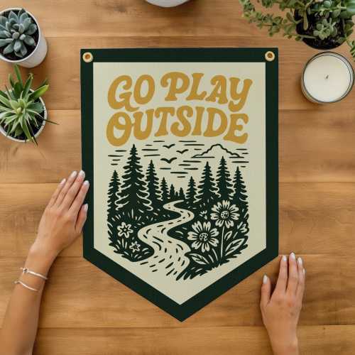 Go Play Outside Felt Camp Flag | Outdoor Kids Room Decor, Rustic Cabin Wall Banner, Hikers & Campers Nature Gift, Adventure Nursery USA Made