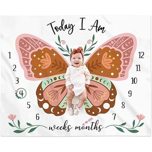 Boho Baby Blanket Butterfly Monthly Milestone Bohemian Floral Girl Photo Prop Sage Green and Pink Blanket Ideas for Personalized Baby Stuff Shower Newborn Decorations Nursery Gift Decor Mom