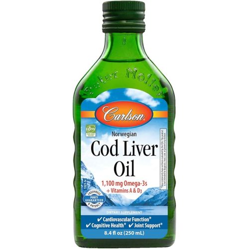 Carlson - Cod Liver Oil, 1100 mg Omega-3s, Plus Vitamins A and D3, Wild Caught Norwegian Arctic Cod Liver Oil, Sustainably Sourced Nordic Fish Oil Liquid, Unflavored, 250 mL (8.4 Fl Oz)