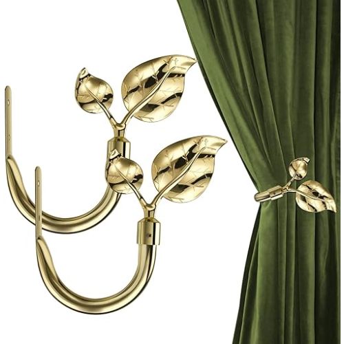Gold Curtain Holdbacks 2pcs, Handmade Leaf Shaped Metal Curtain Holders for Wall Decor, Curtain Tieback for Drapes Window Decoration