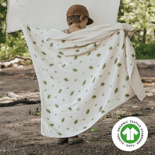 Crib & Baby Blanket, 47"x 47" 4-Layer Muslin Cotton, Certified Organic by GOTS - Comes in a Darling Matching Backpack. Soft, Breathable.