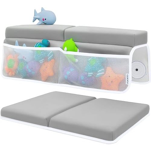 Baby Bath Kneeler and Elbow Rest Pad Set - Baby Bath Support for Knees and Elbows - Bath Kneeler Pad with Memory Foam and Bath Toys Organizer - Ideal Bath Kneeling Pad for Bathing Baby - Grey