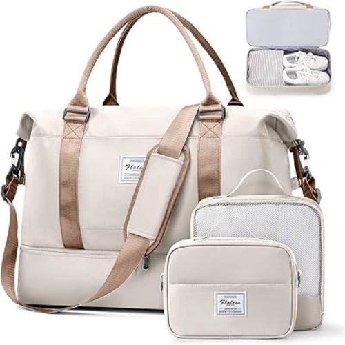 Weekender Bags for Women, Travel Duffel Bags with Shoe Compartment & Wet Pocket,Travel Bag for Airlines,Carry on Overnight Tote Bag for women with Toiletry Bag,3Pcs Set,Beige & Brown