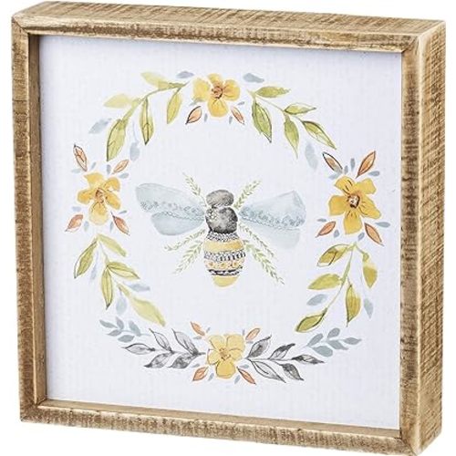 Primitives by Kathy 133236 Inset Box Sign, 8" Length x 8" Height x 1.75" Width, Bee