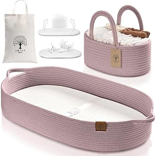 J&JOO Baby Changing Basket includes Diaper Caddy - Breathable & Waterproof Dual-Cover, Portable, Changing Pad for Dresser & Changing Table, Gift for Baby Shower, Cotton Rope Basket for Baby