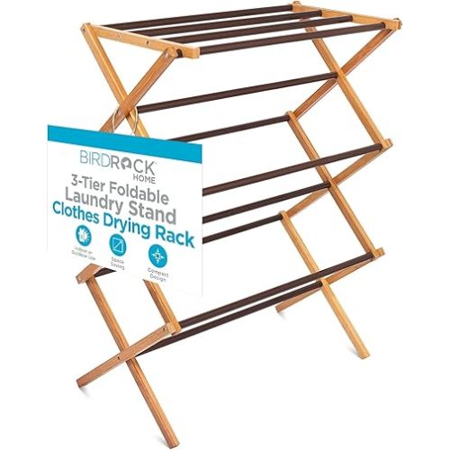 BIRDROCK HOME Folding Steel Clothes Drying Rack | 3 Tier | Water-Resistant Bamboo Wood | Fully Assembled Collapsible Dry Rack | Walnut (Brown)