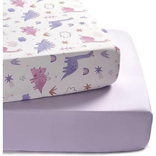TILLYOU Baby Crib Sheets for Boys Girls, Super Soft Toddler Bed Sheets, 2 Pack Sheets for Standard Crib Mattress 28x52in, Dinosaur