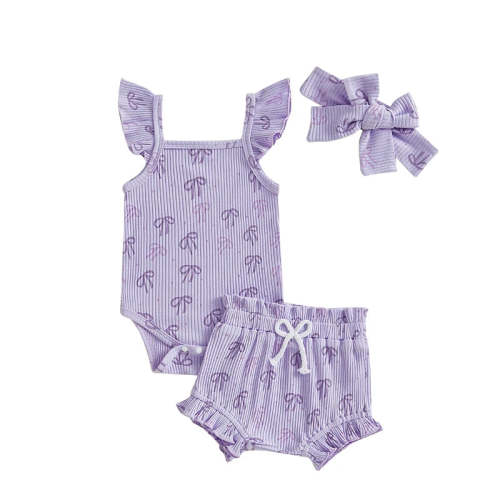 Baby Girls 3Pcs Summer Set Bow Print Fly Sleeve Romper Elastic Waist R – August + Willow