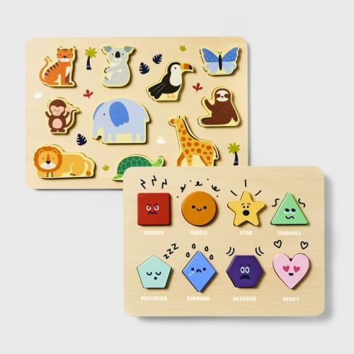 Wooden Shapes & Animals Puzzles - 2pc - Gigglescape™