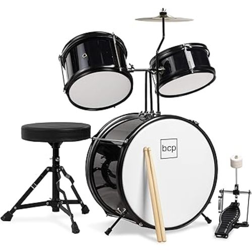 Best Choice Products Kids Drum Set 3-Piece Beginner Drum Set Junior Drum Set, w/ Throne Stool, Cymbal, Drum Sticks, Bass Drum Pedal, 2 Toms - Black