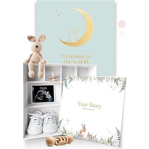 Baby Keepsake Box with Baby Book - Baby Shower Gifts for Boys, New Born Baby Boy Gifts - Cool Gifts for New Mom - Gender Neutral Photo Album First 5 Years with Milestones Blue