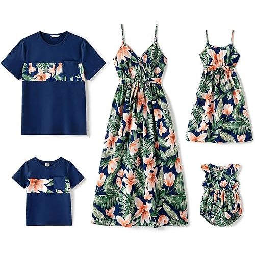 PATPAT Family Matching Outfits Mommy and Me Dresses Hawaiian Tropical Vacation Beach Spaghetti Strap Dress and Shirt