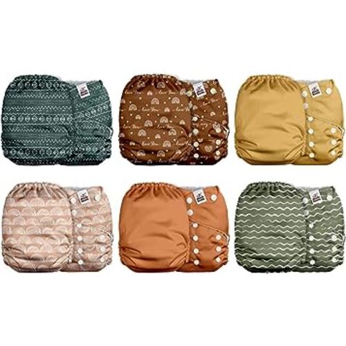 Mama Koala 2.0 Cloth Diapers for Babies with Suede Cloth Lining, 6 Pack with 6 Bamboo Cloth Diaper Inserts - Reusable and Washable Pocket Diapers (Earth Tones)