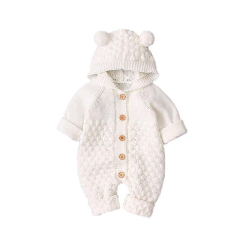 Dealovy Fall Winter Infant Baby Clothes Unisex Knitted Button up Onesie Kids Cotton Rolled-Up Hooded Rompers with Cute Ears