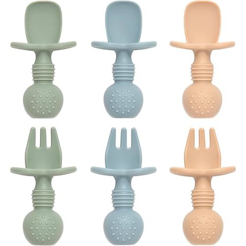 Baby Spoons and Forks Feeding Set, 6 Pack Silicone First Stage Self Feeding Toddler Utensils, BPA Free, Baby Led Weaning Supplies for Training Spoons