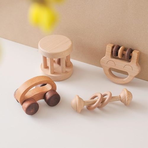 Chriswell Wooden Baby Rattle, Newborn Wooden Rattle Toy, Natural Wooden Montessori Baby Grip 3 Ring Toy, Baby Gift Toy, Wood Rattle-1