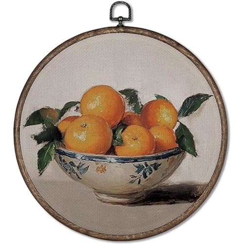 GWFSJYU Antique Orange Fruit Framed Wall Art Decor, Vintage Oranges Fruit Round Canvas Prints Wall Art, Farmhouse Oranges Art Hanging Decor for Kitchen Dining Living Room, 10x10inch