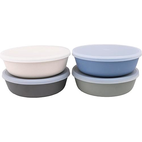 WeeSprout Bamboo Kids Bowls with Lids, Set of Four 15 oz Kid-Sized Bamboo Bowls, Bamboo Kid Bowls with Lids for Leftovers, Dishwasher Safe (Blue, Green, Gray, & Beige)