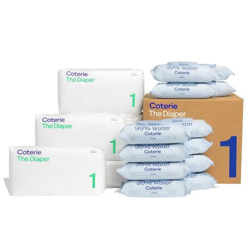 Coterie Baby Wipes + Diapers Kit, Size 1 Diapers (198 Count) & 12 Pack (672 Count) Baby Wipes with 99% Water, Plant Based Materials, Hypoallergenic for Sensitive Skin