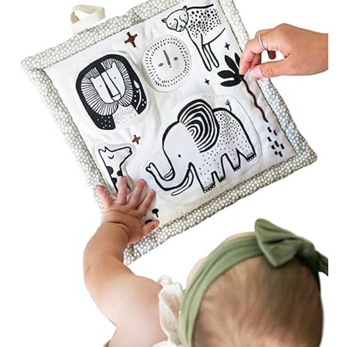 Wee Gallery Safari Activity Pad Organic Baby Play Mat with Sensory Toys, High Contrast Newborn Essentials Soft Tummy Time Mat for Babies 0-12 Months, Visual and Motor Skill Development Toy