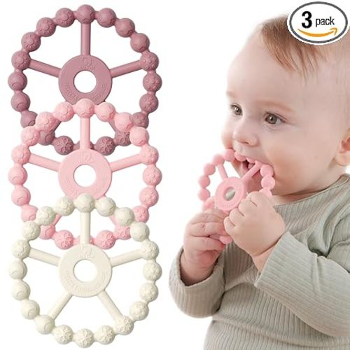 3 Pack Ring Teether Baby Infant Toys, Baby Essentials, Silicone Teething Ring Toys for Babies 0-6 Months, Seposeve Toddler Teethers 6-12 Months 12-24 Months, Infant Teething Relief, Purple Pink White