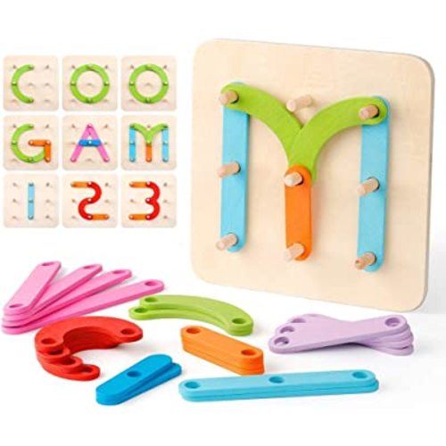 Coogam Wooden Letter Number Construction Puzzle Educational Stacking Blocks Toy Set Shape Color Sorter Pegboard Activity Board Sort Game for Kids Gift Preschool Learning STEM Toy
