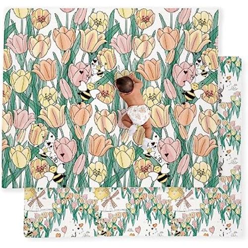 JumpOff Jo Baby Play Mat - Large Folding Foam Play Mat for Infants, Babies, Toddlers, Waterproof, Double-Sided (70" x 59") - Tulip Fields