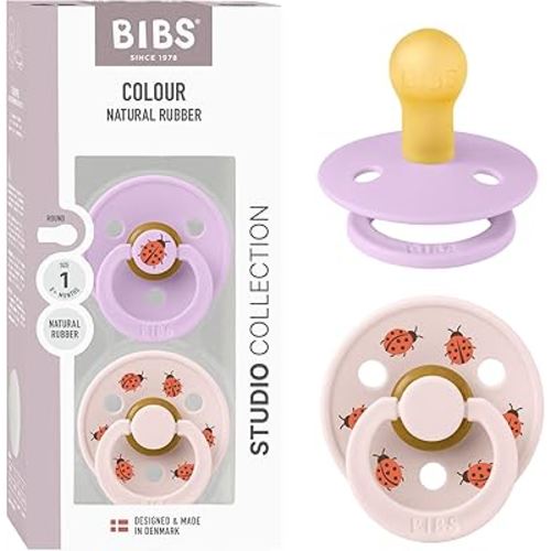 BIBS Colour Studio Soother 2-Pack, BPA Free Dummy Pacifier, Round Nipple. Natural Rubber Latex, Made in Denmark, Size 1 (0-6 Months), Violet Sky/Petal