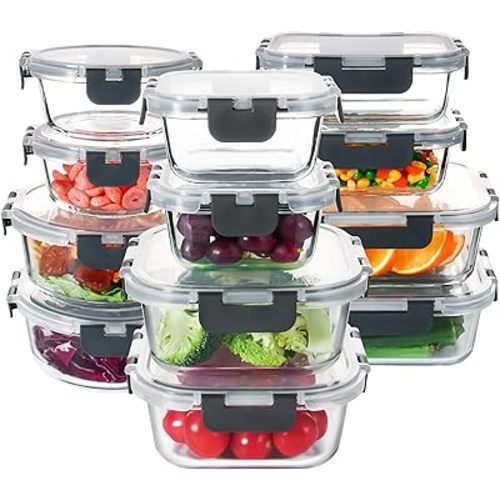 UMI UMIZILI Glass Food Storage Containers with Lids, 12 Pack Leakproof Glass Meal Prep Containers Airtight Stackable Glass Containers for Leftover, Fruit, Vetageables, Dishwasher Safe