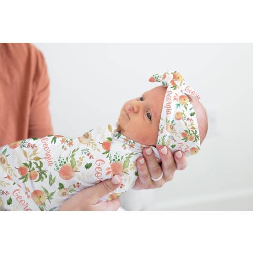 Baby Girl Swaddle Set with Peaches -Floral Peach Blanket Headband Set- Personalized Baby Girl Blanket - Name Reveal -Hospital Outfit S306