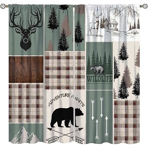 Bear Deer Checkered Blackout Curtains, Rustic Lodge Vintage Brown Buffalo Elk Moose Silhouette Hunting Wildlife Pine Forest Lodge for Bedroom Living Room63X63 Inch