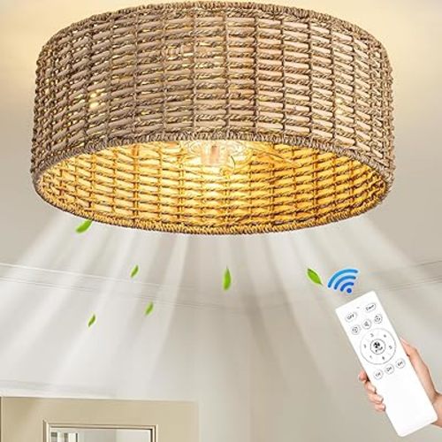 Rattan Caged Boho Fandelier Ceiling Fans with Light Remote Flush Mount for Bedroom,Gold,Quiet,4-Light,6 speeds