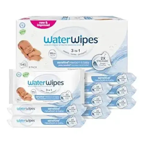 WaterWipes Sensitive+ Newborn & Baby Wipes, 3-In-1 Cleans, Cares, Protects, 99.9% Water, Unscented & Hypoallergenic, 540 Count (9 Packs)