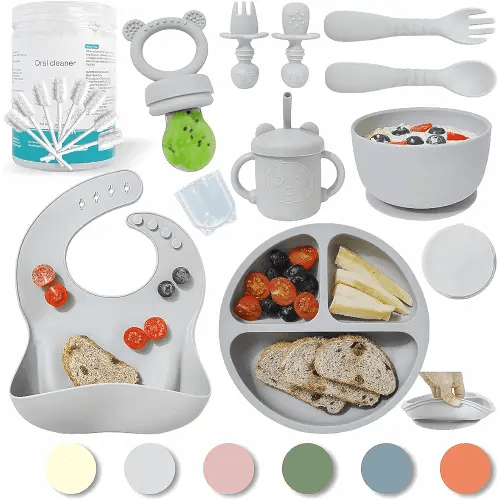 Baby Led Weaning Supplies | Silicone Baby Feeding Set Includes Suction Bowls and Plates, Baby Utensils Spoons and Forks,Cup for Toddler | Babies Eating Dishes Set 6-12 Months (Grey)