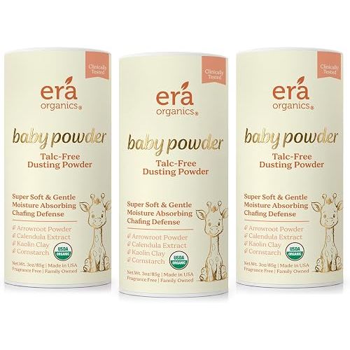 Era Organics Talc-Free Organic Baby Powder - USDA Organic Dusting Powder with Arrowroot, Calendula and Cornstarch for Newborns, Babies or Toddlers - Soothing, Fragrance Free (3oz/85g) - 3 Pack