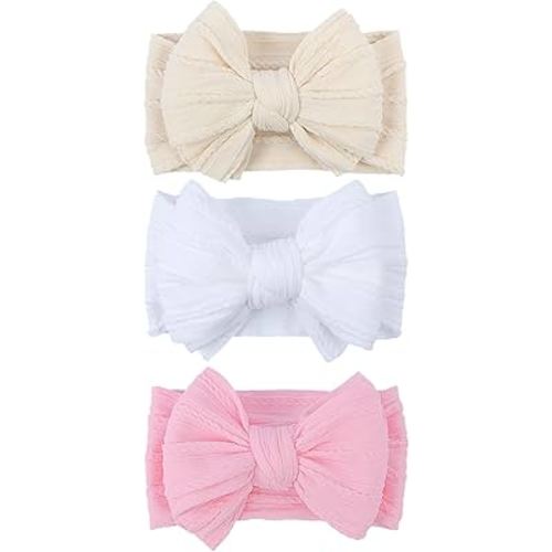 Handmade Baby Girls Headbands Soft Stretchy Nylon Hair Bands Hair Accessories with Bows for Newborn Baby Girls Infant Toddlers Kids (Light Pink White Light Beige)