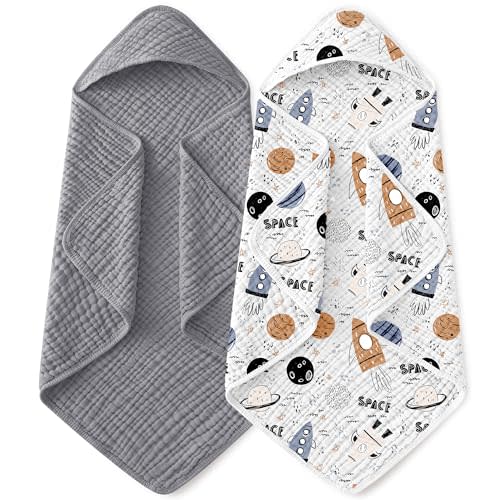 Yoofoss Hooded Baby Towels for Newborn 2 Pack 100% Muslin Organic Cotton Baby Bath Towel with Hood for Babies, Infant, Toddler and Kids, 32x32Inch, Soft and Absorbent Newborn Essential, Grey Planet