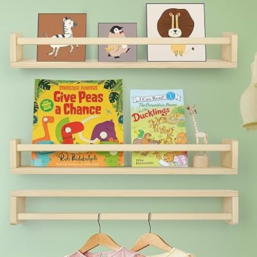 Floating Book Shelves for Wall, 23.6 inch Natural Wood Nursery Shelves for Book Storage, Solid Pine Wooden Floating Bookshelf for Bedroom Living Room, Set of 3, Unfurnished - DIY