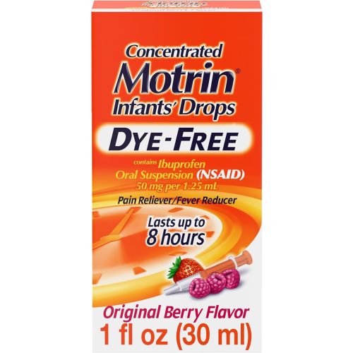 Motrin Infants' Oral Suspension Concentrated Liquid Medicine Drops with Ibuprofen, NSAID Infant Fever Reducer and Pain Reliever for Babies, Dye-Free, Alcohol-Free, Berry Flavor, 1 FL OZ - Mortin's Infant - 1 Fl Oz (Pack of 1)
