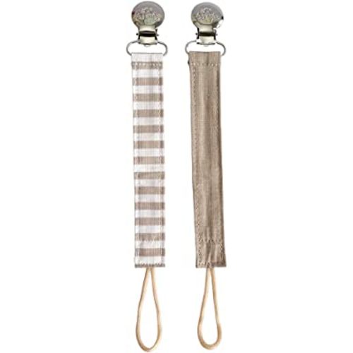 Itzy Ritzy Linen Pacifier Clips; Fabric Pacifier Strap with Clip Keeps Pacifiers & Teethers in Place; Includes Universal Attachment Clip and Loop; 2-Pack of Tan and Tan Stripe