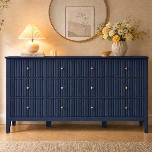Heynemo Fluted 9-Drawer Dresser, Black Wood Wide Chest of Drawers with Gold Knobs, Bedroom Storage Cabinet, Blue