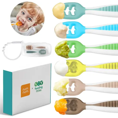 NumNum Baby Spoons Set, Feeding Littles x Silicone Pre-Spoon GOOtensils for Baby Led Weaning, Self-Feeding & Teething, First Stage Toddler Utensils for Ages 6+ Months, 6-Pack, BPA-Free (Neon)