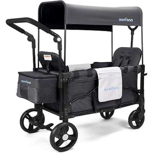 Double-Seater Baby Wagon with Canopy, Push Pull Stroller with Adjustable Handle, Wagon Stroller for 2 Kids & Outdoor Adventures (Dark Grey)