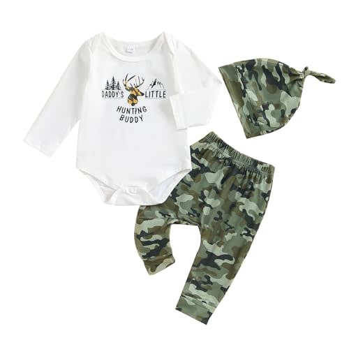Newborn Baby Boy Hunting Clothes Long Sleeve Romper Camouflage Pant Set Beanie Hat 3 Piece Outfit