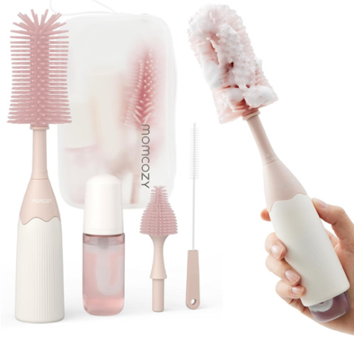 Momcozy Bottle Brush Kit, Innovative Push-Press Design for Better Cleaning - Baby Bottle Cleaner Brush for Baby Bottle, Breast Pumps, Nipples, and More - Can Generate Foam for Better Cleaning, Pink