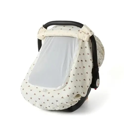 Muslin Cotton Baby Car Seat Cover for Boys and Girls, Summer Baby Car Seat Covers Infant Car Seat Canopy with Breathable Mesh Window Windproof Carseat Cover for Babies (Cream)