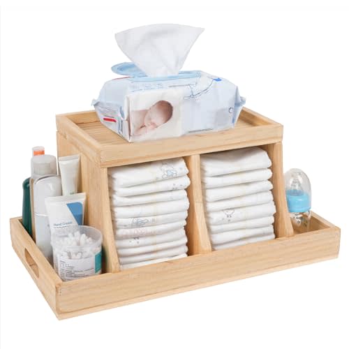Busidhji Diaper Caddy Organizer, Changing Table Organizer, Wooden Diaper Organizer for Nursery, Baby Diaper Storage Organizer with Removable Dividers (Brown, Rectangular Size)