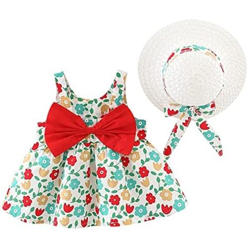 Baby Girl Tutu Summer Dress Sleeveless Casual Floral Backless Princess Dresses Swing Sundress Skirt with Straw Hat Beachwear